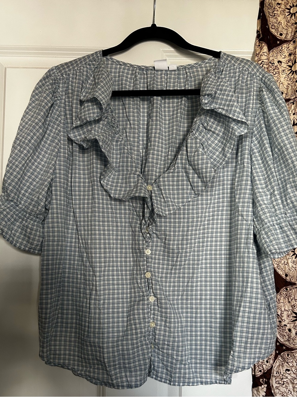 GAP Light Blue Plaid Ruffle-Trim Button Front Blouse